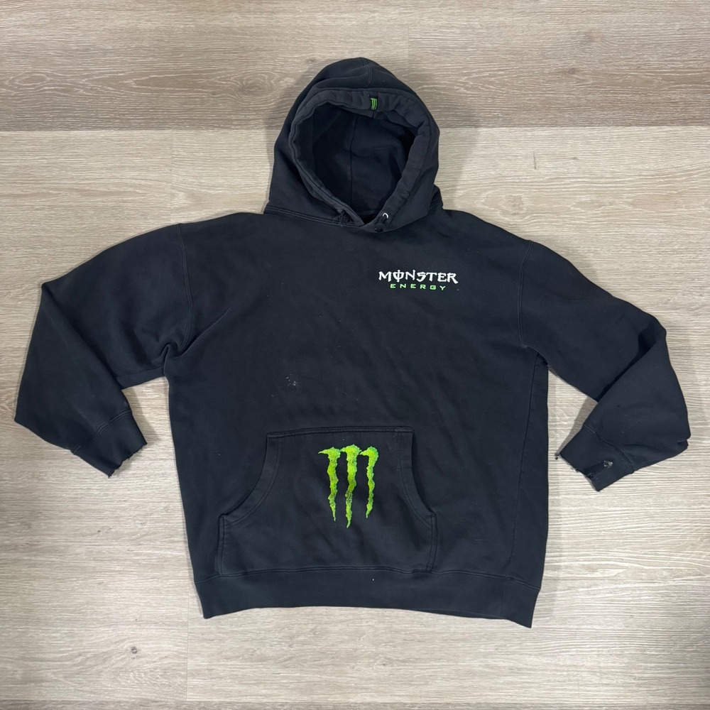 Vintage Y2K Monster Energy Hoodie Mens Large Black Graphic Distressed Pullover